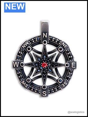 Compass Pendant Necklace 925 Sterling Silver Black Crystals CZ